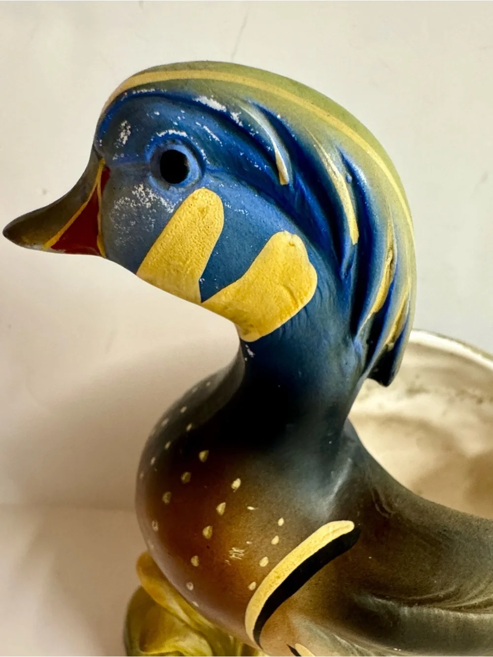 Vintage 60s Inarco Hand-Painted Ceramic Wood Duck Planter in Blue and Green